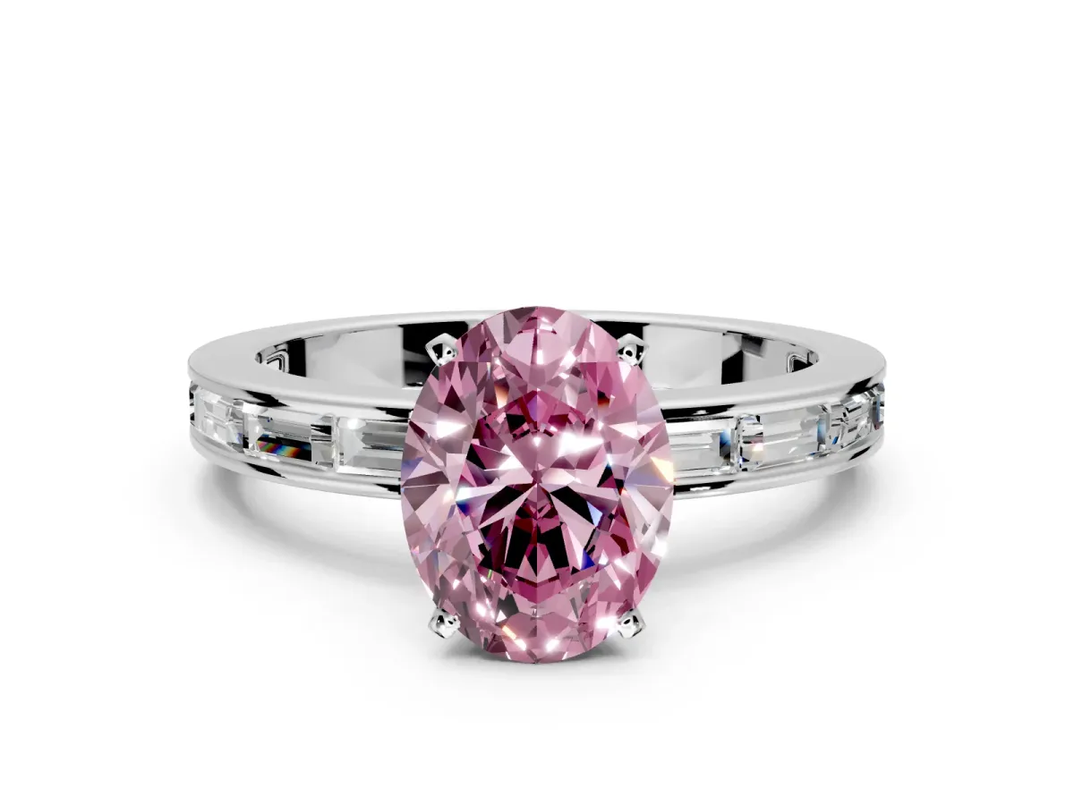 Solitaire Engagement Ring Setting for Fancy Pink Oval Center with Channel Baguette Band and Prong Head in Sterling Silver