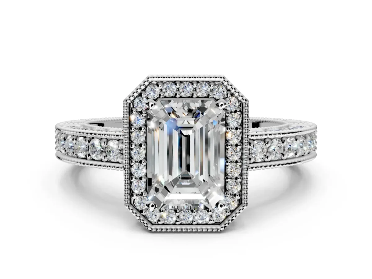Milgrain Halo Engagement Ring Setting for Emerald Cut Center with Wide Pave Band and Prong Head in Platinum