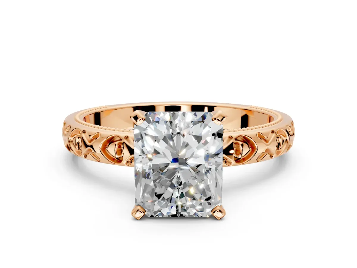 Solitaire Engagement Ring Setting for Radiant Cut Center with XO Engraved Band and Prong Head in Rose Gold