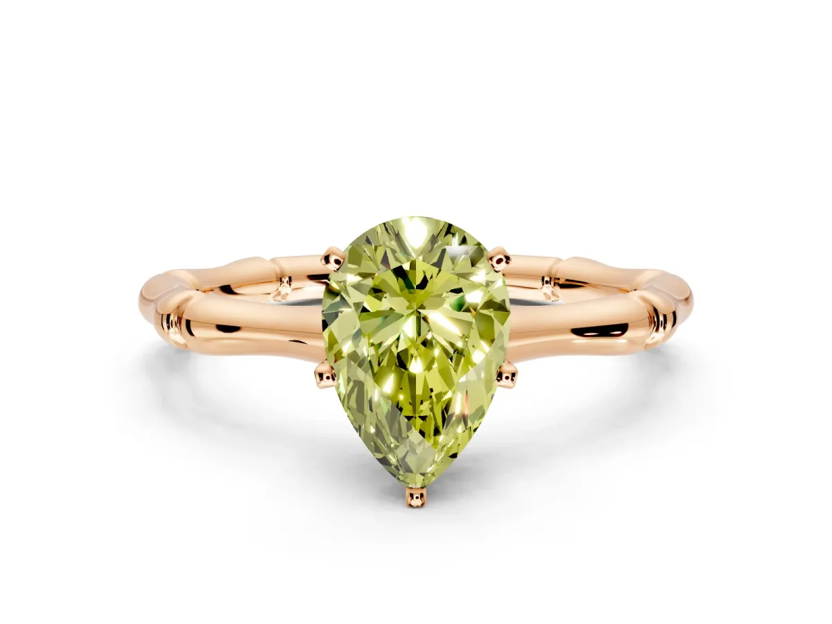 Solitaire Engagement Ring Setting for Fancy Yellow Pear-Shaped Center with Bamboo Band and Prong Head in Rose Gold