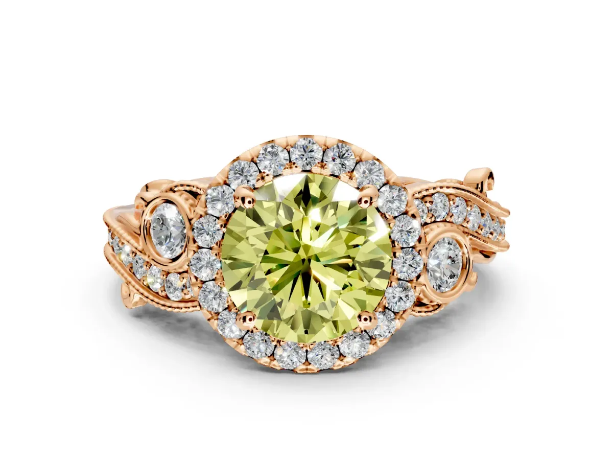 Milgrain Halo Engagement Ring Setting for Fancy Yellow Round Cut Center with Shoulder Bezels and Prong Head in Rose Gold