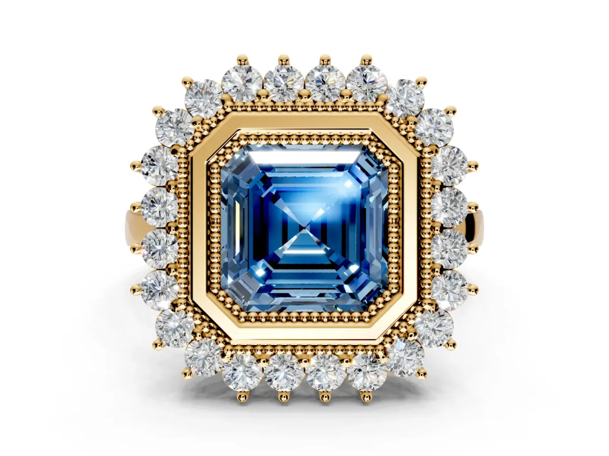 Halo Engagement Ring Setting for Fancy Blue Asscher Cut Center with Milgrain Bezel Rim, Plain Band and Prong Head in Yellow Gold