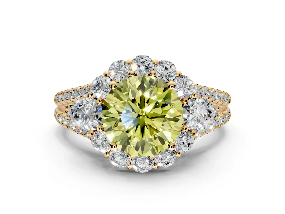 Halo Engagement Ring Setting for Fancy Yellow Round Cut Center with Two-Strand Split Shank and Prong Head in Yellow Gold