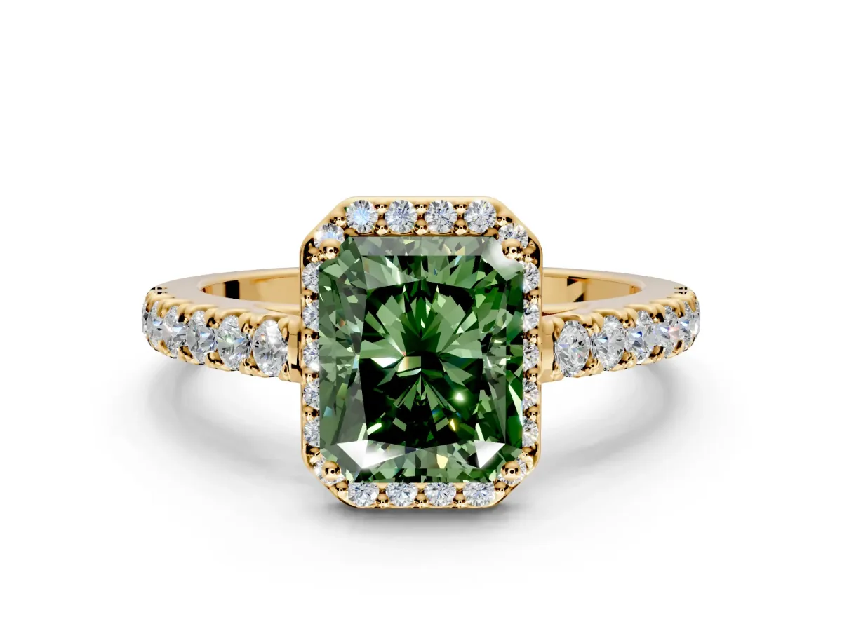 Halo Engagement Ring Setting for Fancy Green Radiant Cut Center with Full Pave Band and Prong Head in Yellow Gold