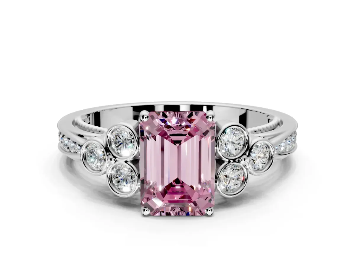 Cluster Engagement Ring Setting for Fancy Pink Emerald Cut Center with Bezel Accent Clusters and Prong Head in Sterling Silver