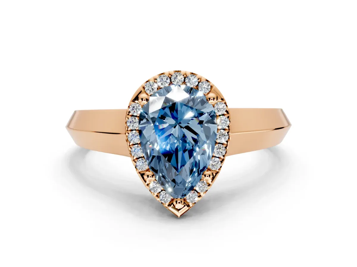 Halo Engagement Ring Setting for Fancy Blue Pear-Shaped Center with Knife Ridge Cathedral Band and Prong Head in Rose Gold