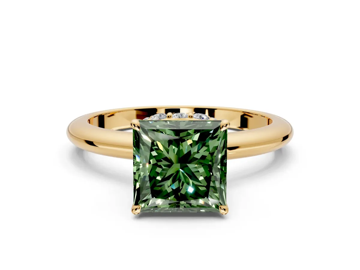 Hidden Halo Engagement Ring Setting for Fancy Green Princess Cut Center with Plain Rounded Band and Prong Head in Yellow Gold