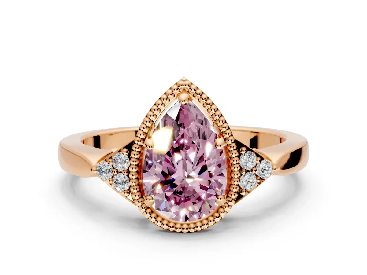 Cluster Engagement Ring Setting for Fancy Pink Pear-Shaped Center with Milgrain Shoulder Clusters and Prong Head in Rose Gold