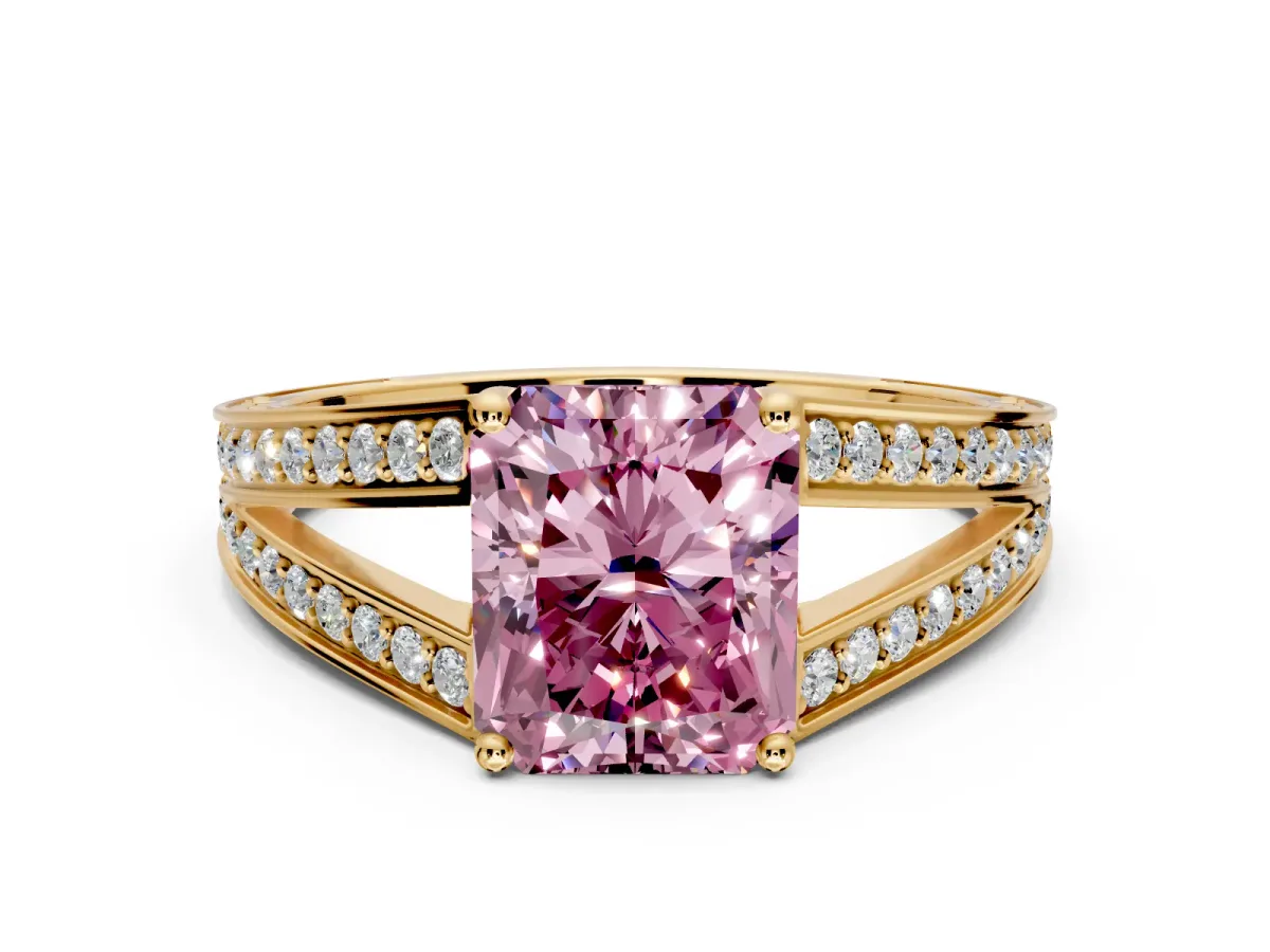 Split Shank Engagement Ring Setting for Fancy Pink Radiant Cut Center with Pave Split Shank and Prong Head in Yellow Gold