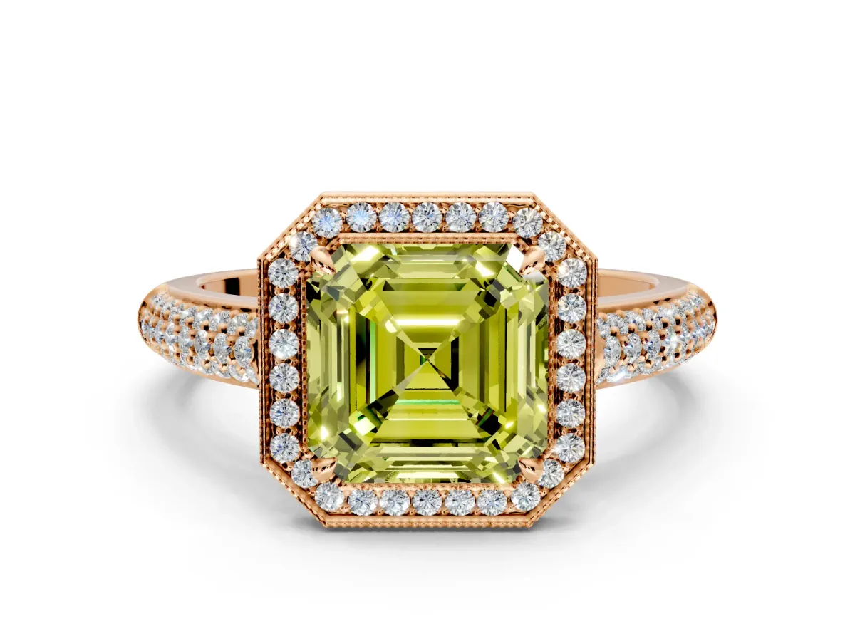 Milgrain Halo Engagement Ring Setting for Fancy Yellow Asscher Cut Center with Three-Sided Pave Band and Prong Head in Rose Gold