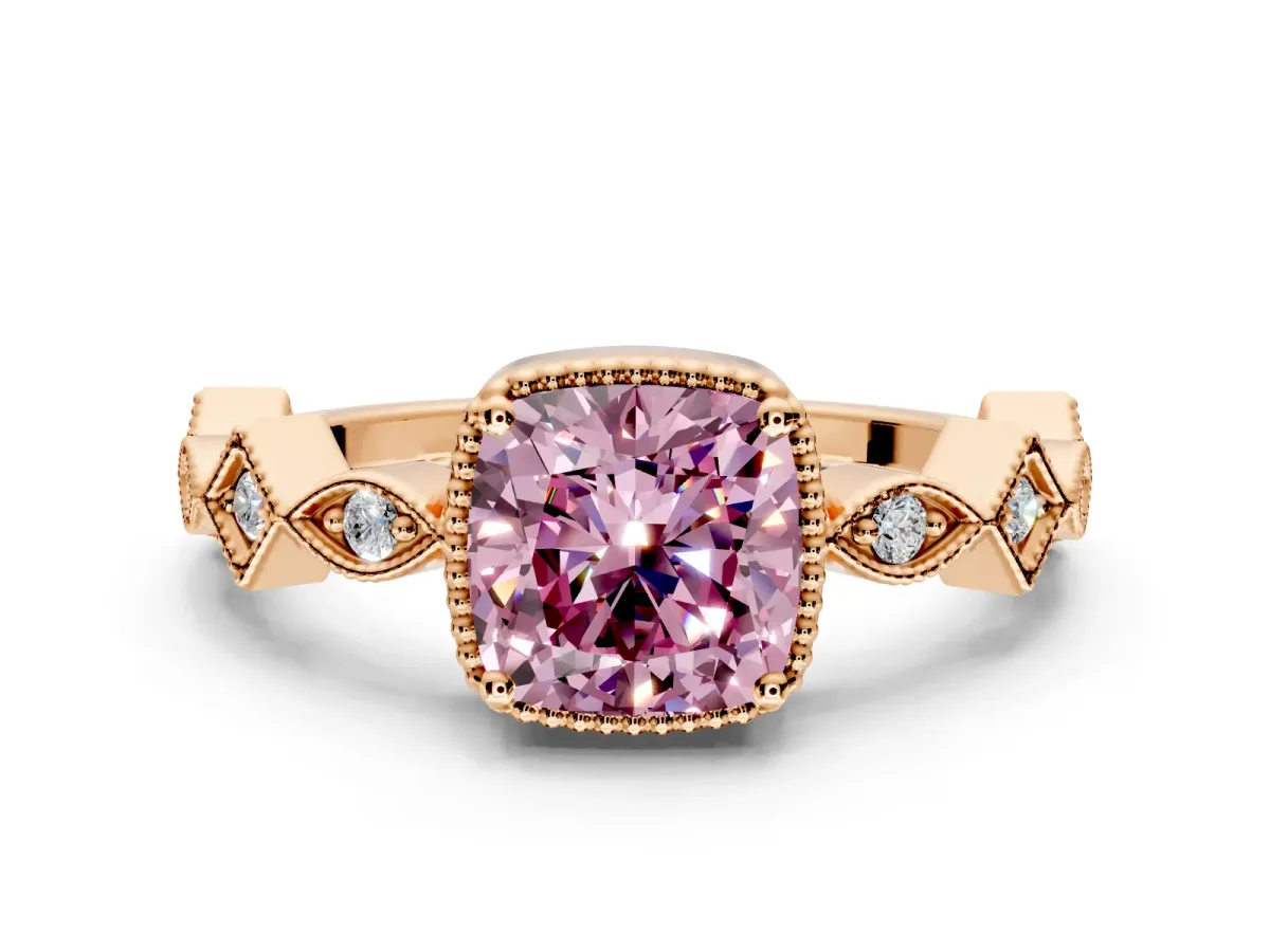 Milgrain Bezel Engagement Ring Setting for Fancy Pink Cushion Cut Center with Marquise Stations and Bezel Head in Rose Gold