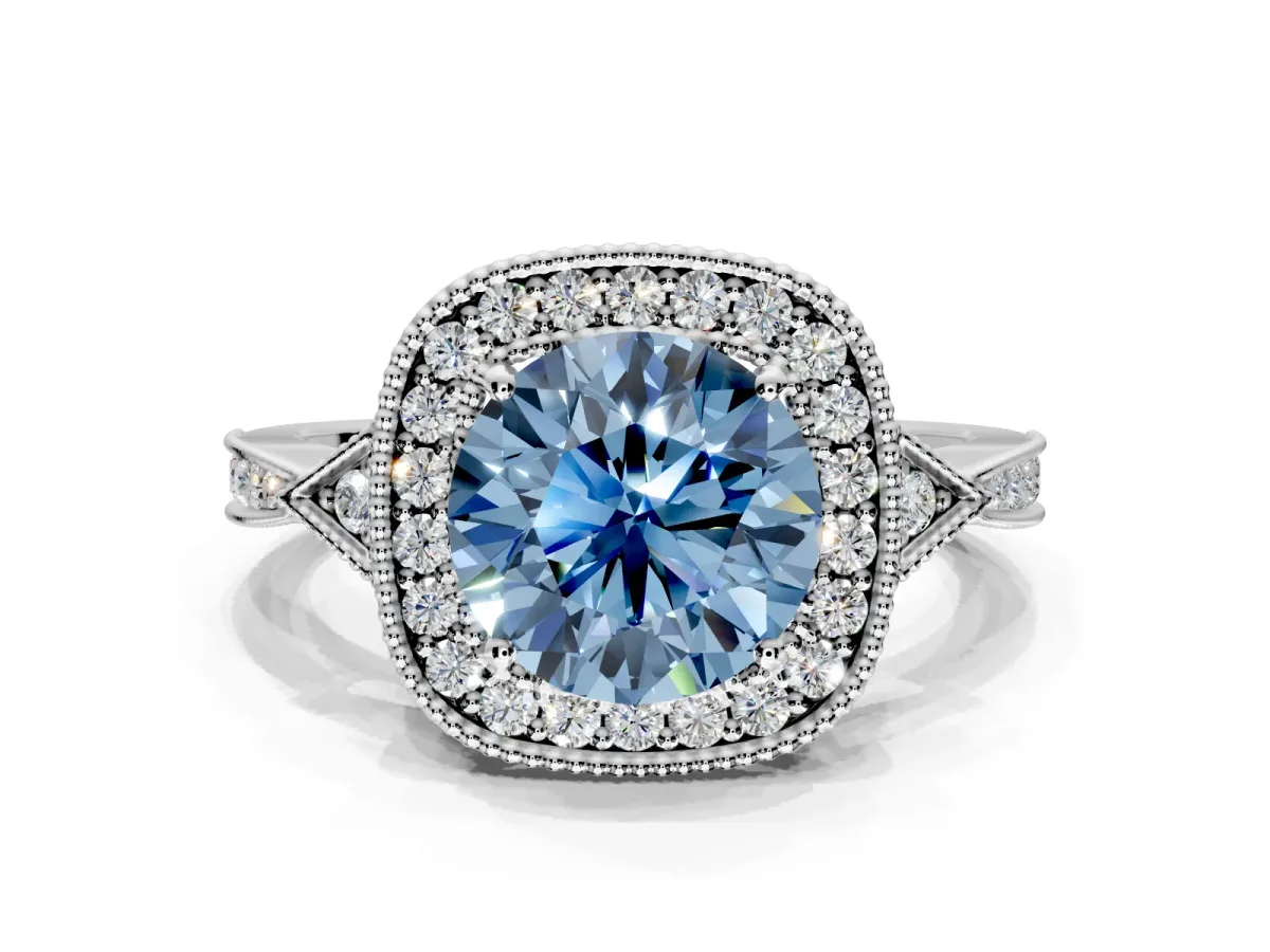 Halo Engagement Ring Setting for Fancy Blue Round Cut Center with Milgrain Rim, Pave Band and Prong Head in Platinum