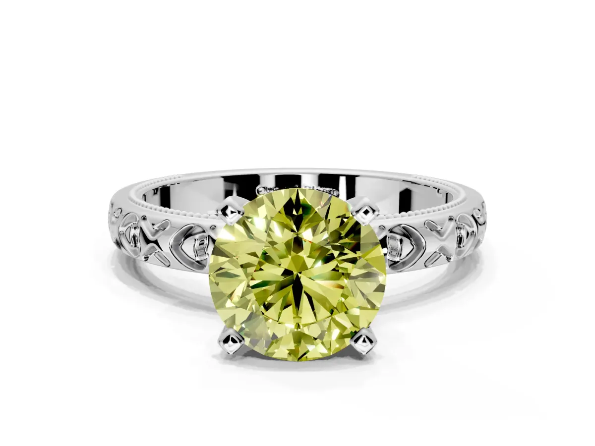 Solitaire Engagement Ring Setting for Fancy Yellow Round Cut Center with XO Engraved Band and Prong Head in Platinum