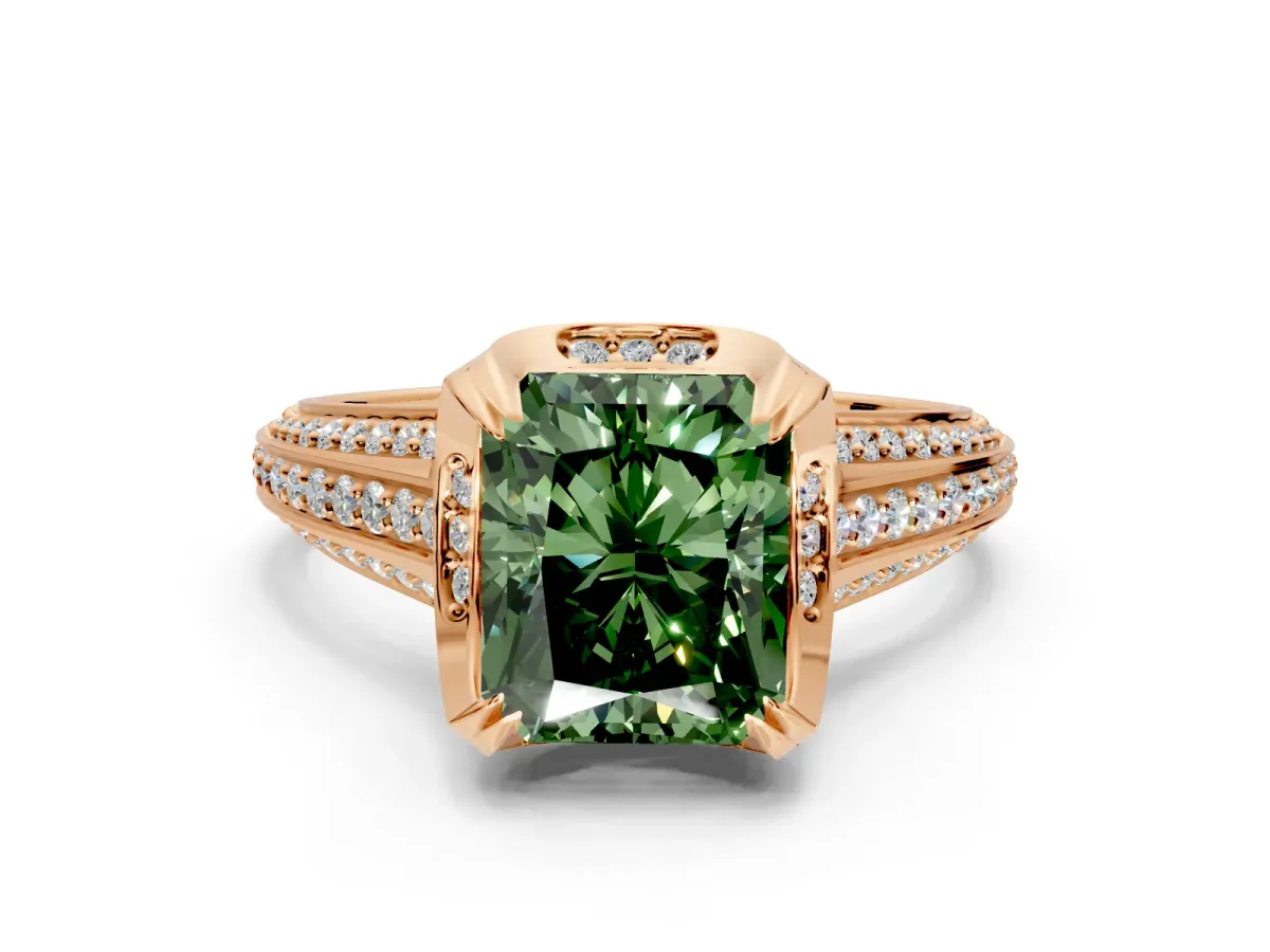 Solitaire Engagement Ring Setting for Fancy Green Radiant Cut Center with Accented Split Shank and Prong Head in Rose Gold