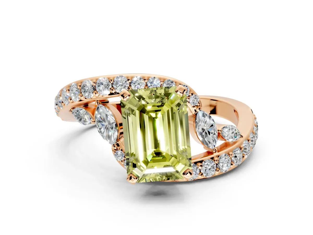 Solitaire Engagement Ring Setting for Fancy Yellow Emerald Cut Center with Pave Bypass Twist Band and Prong Head in Rose Gold