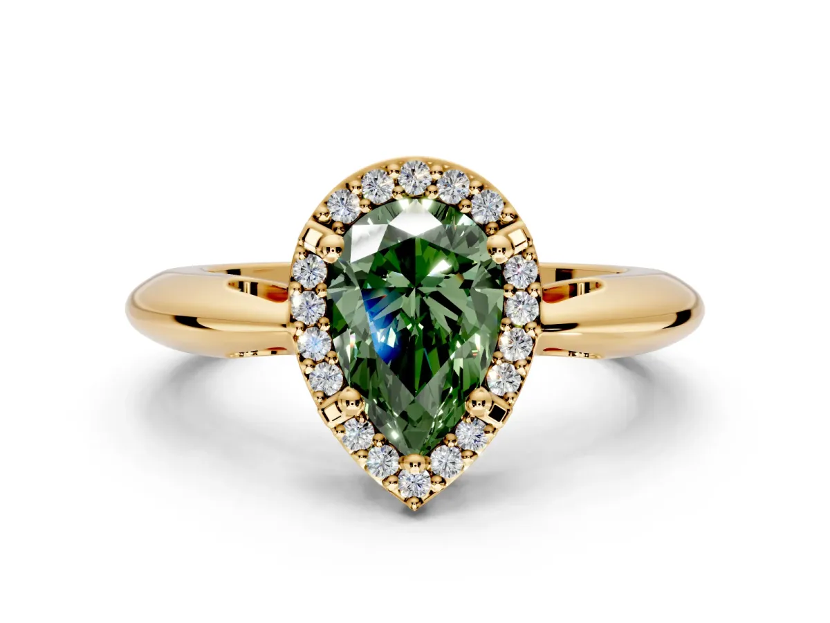 Halo Engagement Ring Setting for Fancy Green Pear-Shaped Center with Tapered Plain Band and Prong Head in Yellow Gold