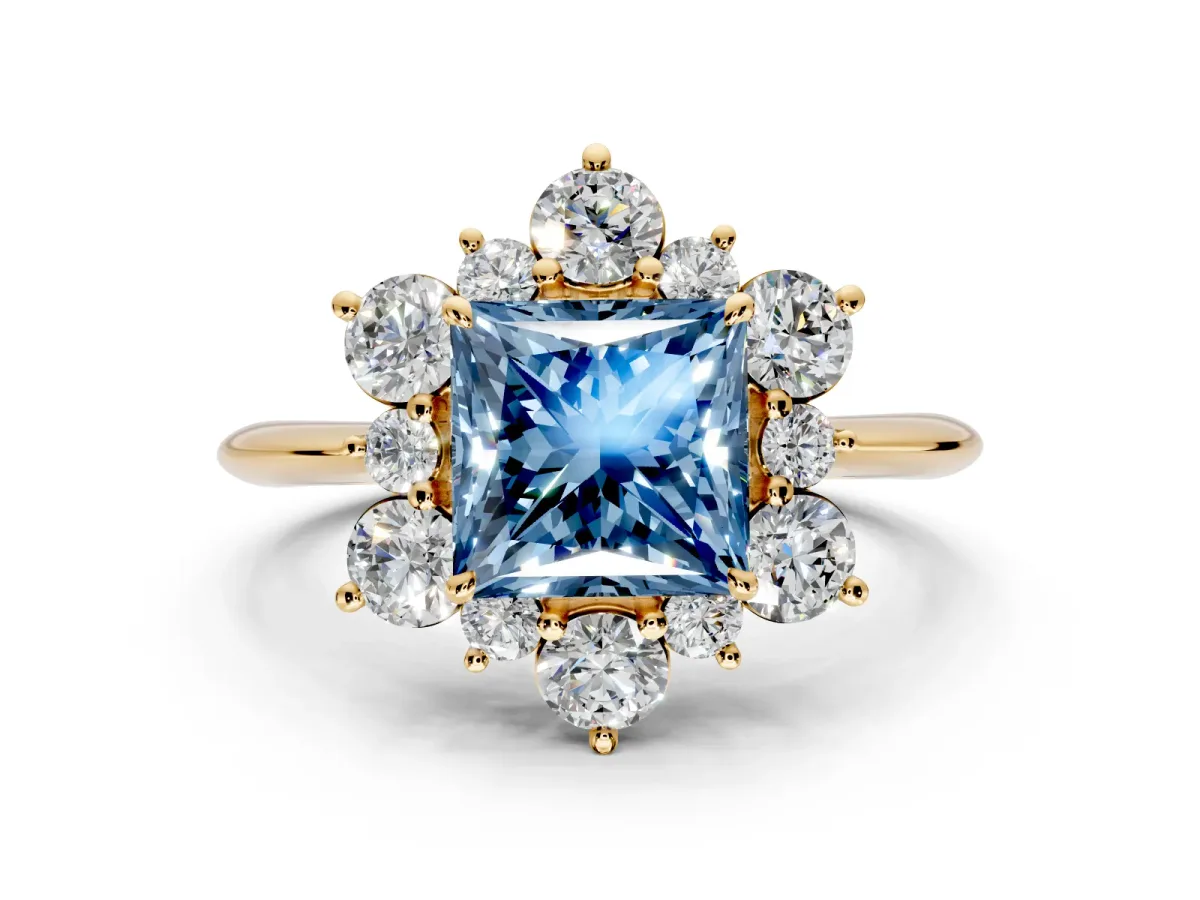 Small-Accent Cluster Halo Engagement Ring Setting for Fancy Blue Princess Cut Center with Plain Band and Prong Head in Yellow Gold