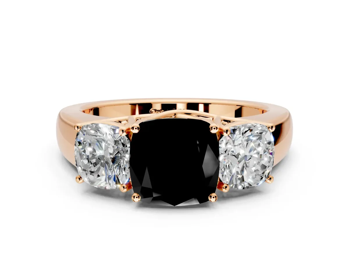 3 Stone Engagement Ring Setting for Fancy Black Cushion Cut Center with Raised Basket Heads and Prong Head in Rose Gold