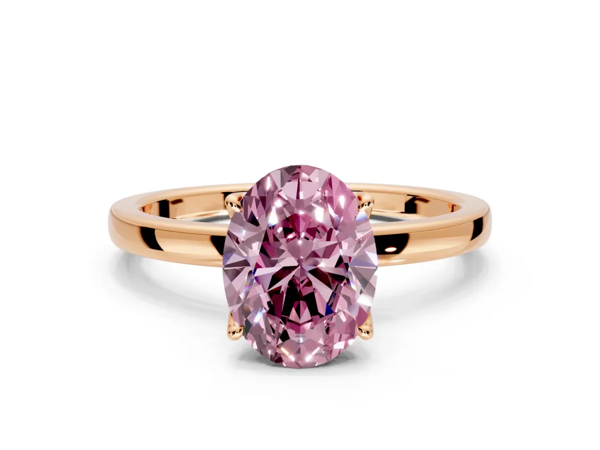 Solitaire Engagement Ring Setting for Fancy Pink Oval Center with Thin Rounded Plain Band and Prong Head in Rose Gold