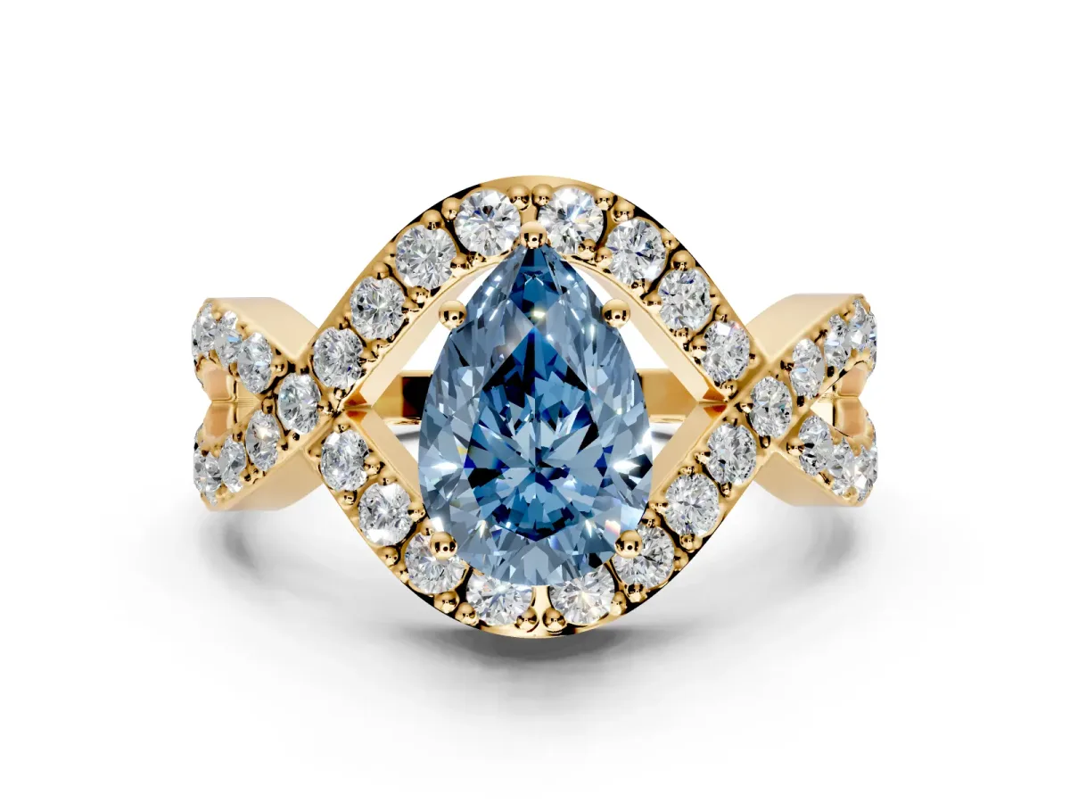 Halo Engagement Ring Setting for Fancy Blue Pear-Shaped Center with Pave Infinity Twist Band and Prong Head in Yellow Gold