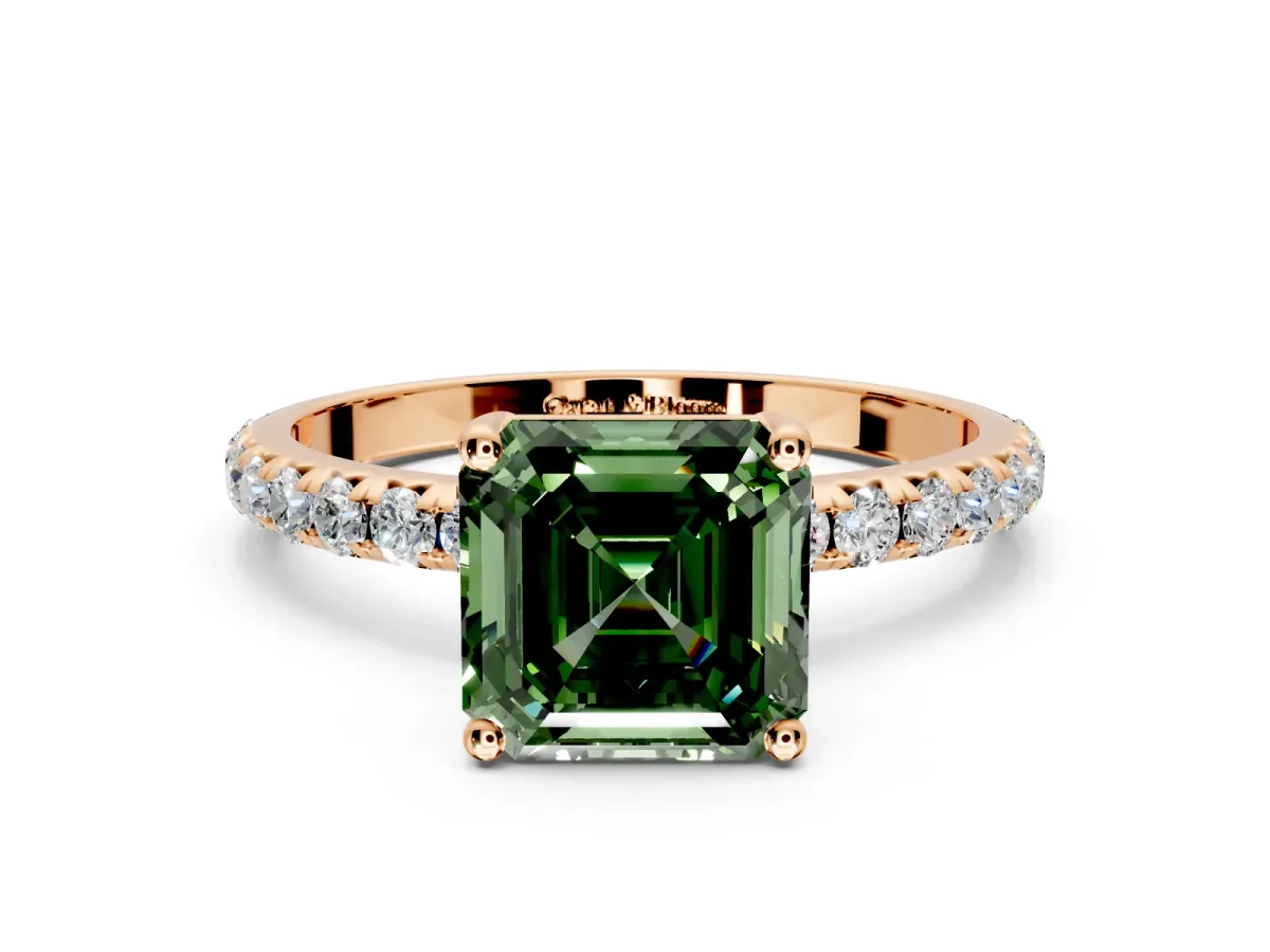 Solitaire Engagement Ring Setting for Fancy Green Asscher Cut Center with Micro Pave Band and Prong Head in Rose Gold