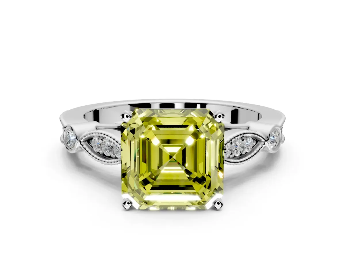 Solitaire Engagement Ring Setting for Fancy Yellow Asscher Cut Center with Marquise and Bezel Accents and Prong Head in Platinum
