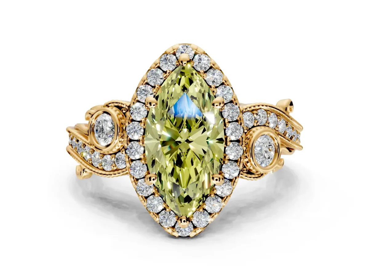 Milgrain Halo Engagement Ring Setting for Fancy Yellow Marquise Center with Shoulder Bezels and Prong Head in Yellow Gold