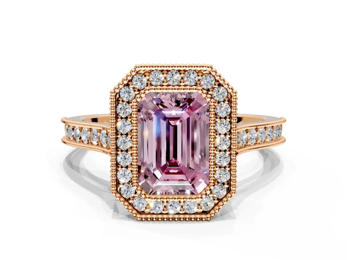 Halo Engagement Ring Setting for Fancy Pink Emerald Cut Center with Milgrain Pave Band and Bezel Head in Rose Gold