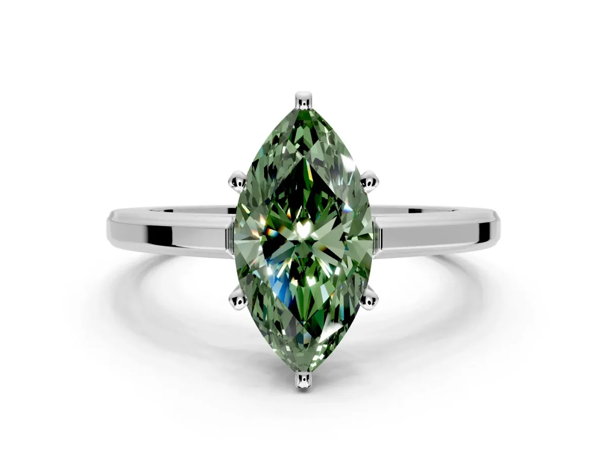 Solitaire Engagement Ring Setting for Fancy Green Marquise Center with Flat-Sided Plain Band and Prong Head in White Gold