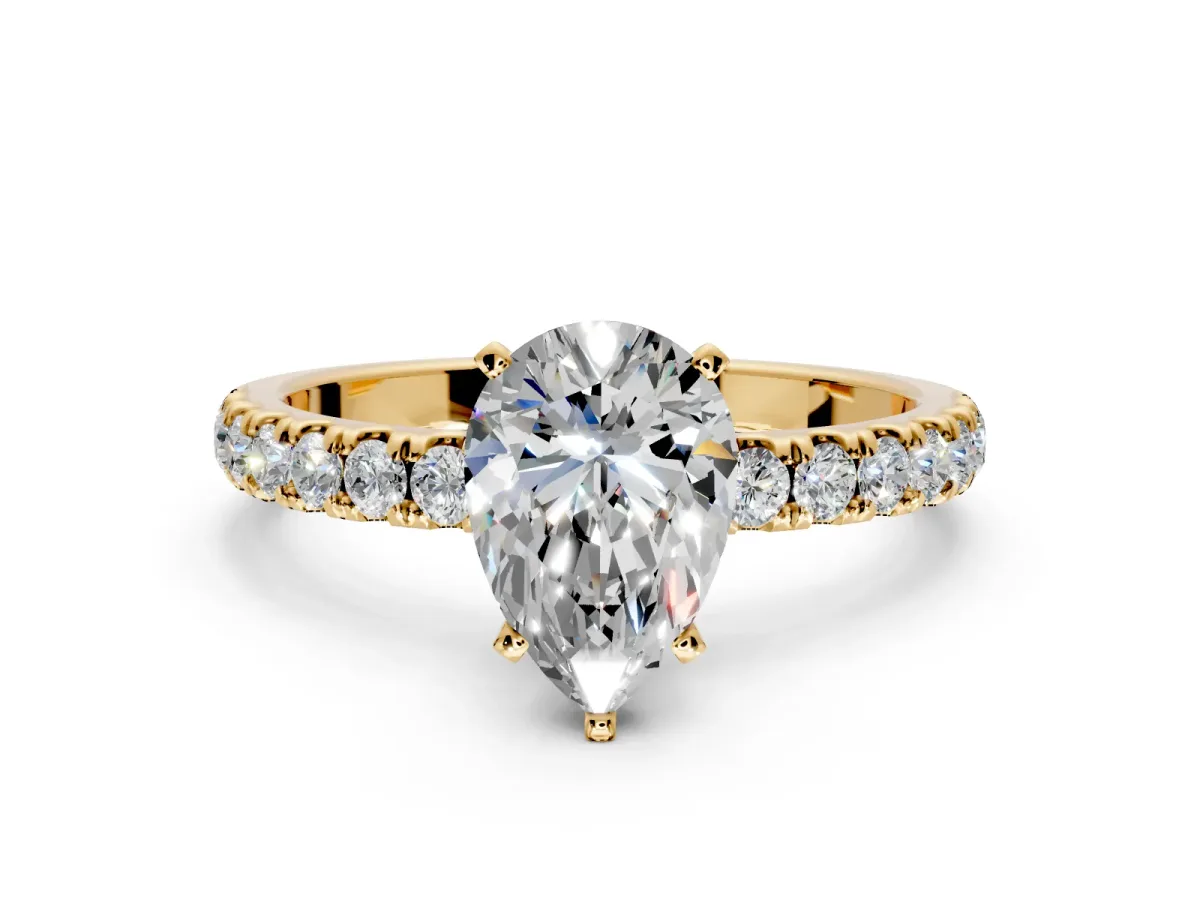 Open Basket Engagement Ring Setting for Pear-Shaped Center with Pave Band and Prong Head in Yellow Gold
