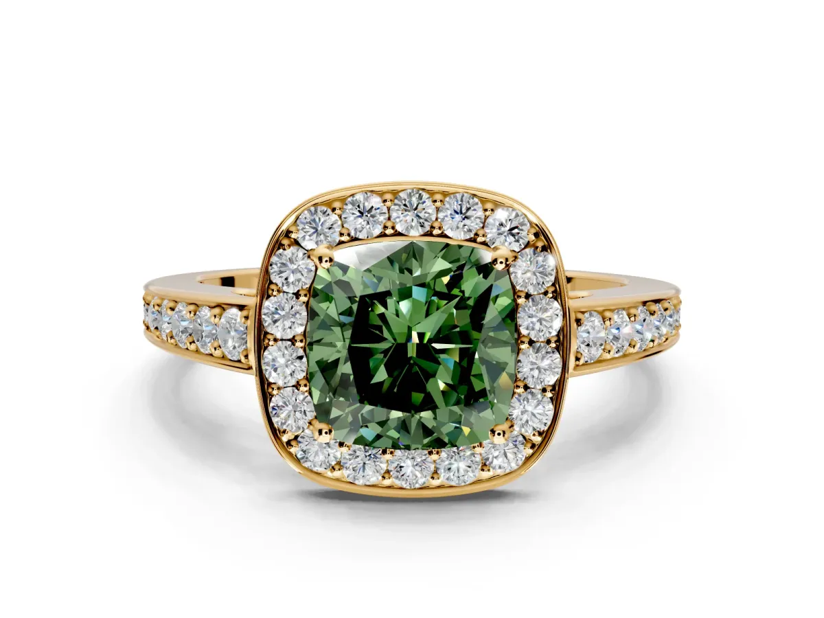 Bezel-Framed Halo Engagement Ring Setting for Fancy Green Cushion Cut Center with Pave Band and Prong Head in Yellow Gold