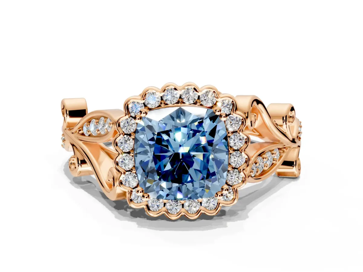 Halo Engagement Ring Setting for Fancy Blue Cushion Cut Center with Leaf Motif Split Shank and Prong Head in Rose Gold