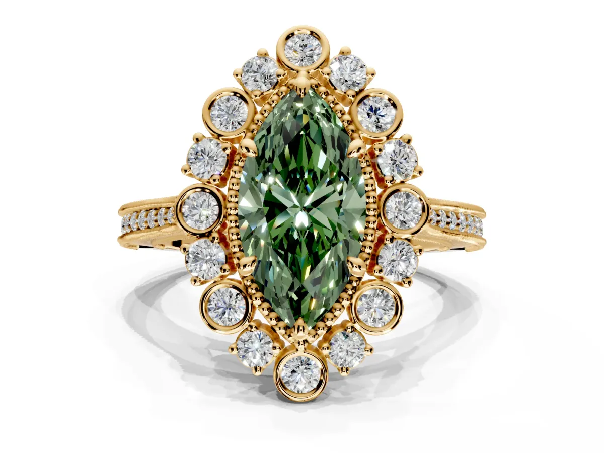 Milgrain Halo Engagement Ring Setting for Fancy Green Marquise Center with Bezel Point Accents and Prong Head in Yellow Gold