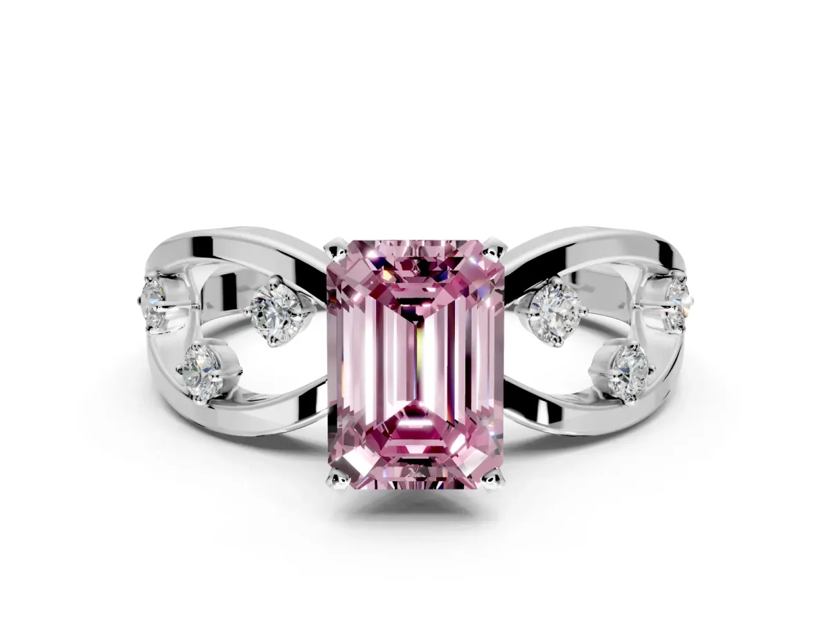 Solitaire Engagement Ring Setting for Fancy Pink Emerald Cut Center with Criss-Cross Accent Band and Prong Head in Sterling Silver