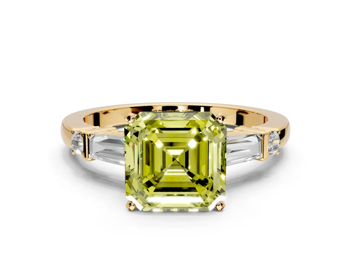 Bar-Set Engagement Ring Setting for Fancy Yellow Asscher Cut Center with Tapered Baguette Accents and Prong Head in Yellow Gold