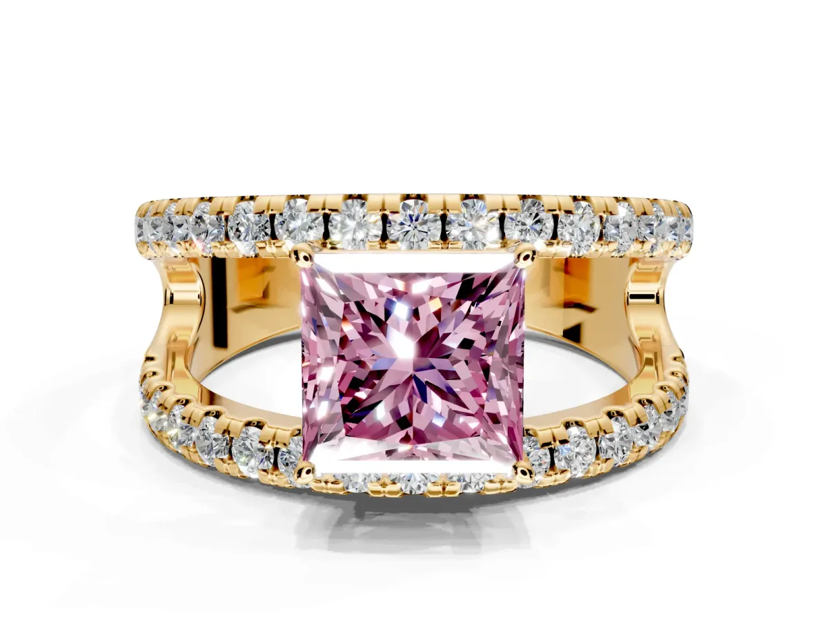 Solitaire Engagement Ring Setting for Fancy Pink Princess Cut Center with Wide-Open Split Shank and Prong Head in Yellow Gold