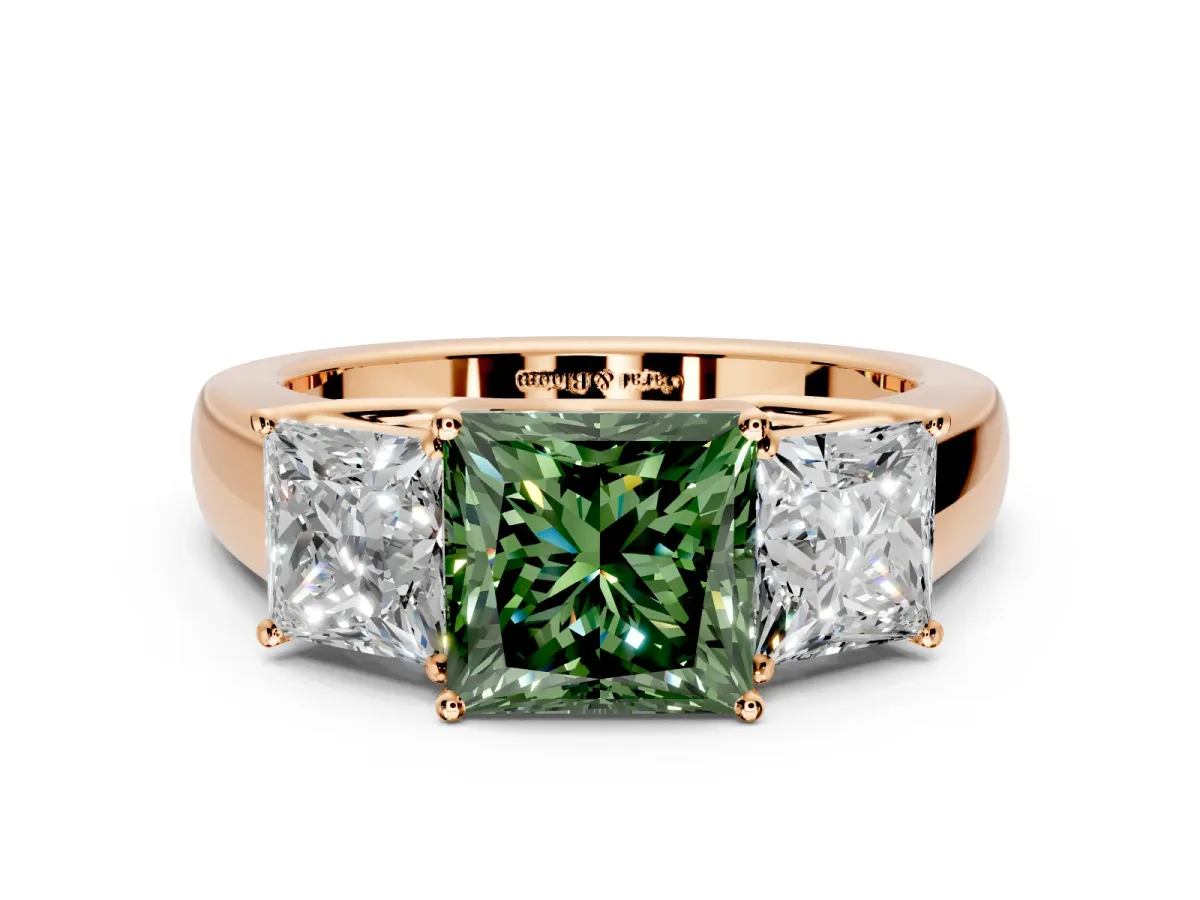 3 Stone Engagement Ring Setting for Fancy Green Princess Cut Center with Raised Basket Heads and Prong Head in Rose Gold