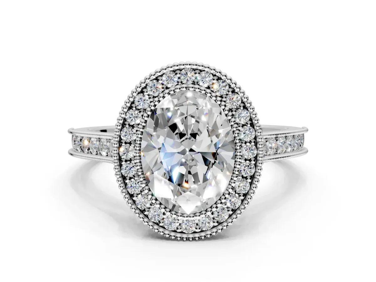 Halo Engagement Ring Setting for Oval Center with Milgrain Pave Band and Bezel Head in White Gold