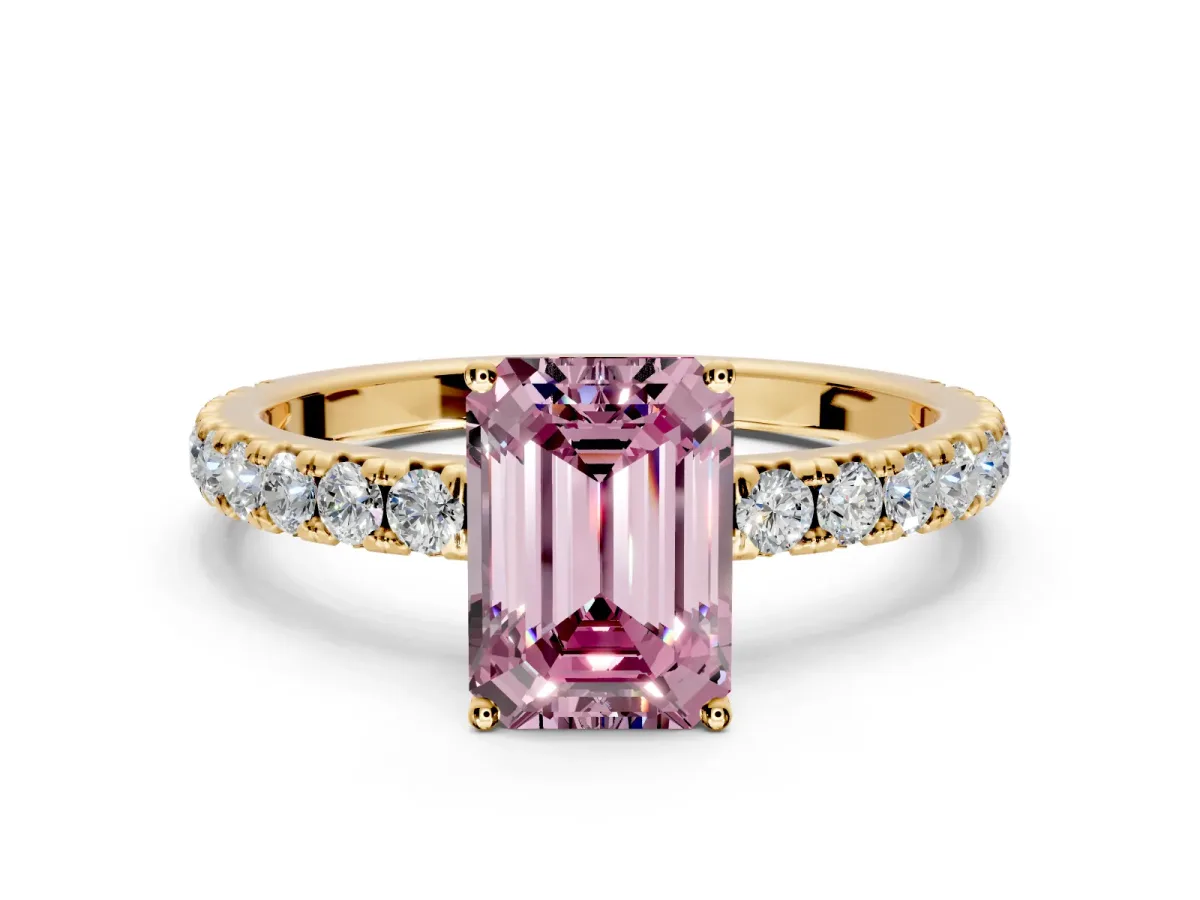 Solitaire Engagement Ring Setting for Fancy Pink Emerald Cut Center with Large Accent Band and Prong Head in Yellow Gold