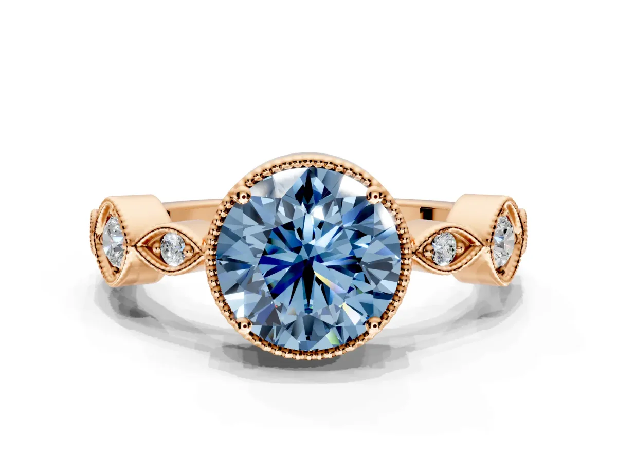 Vintage Station Engagement Ring Setting for Fancy Blue Round Cut Center with Accents and Prong Head in Rose Gold