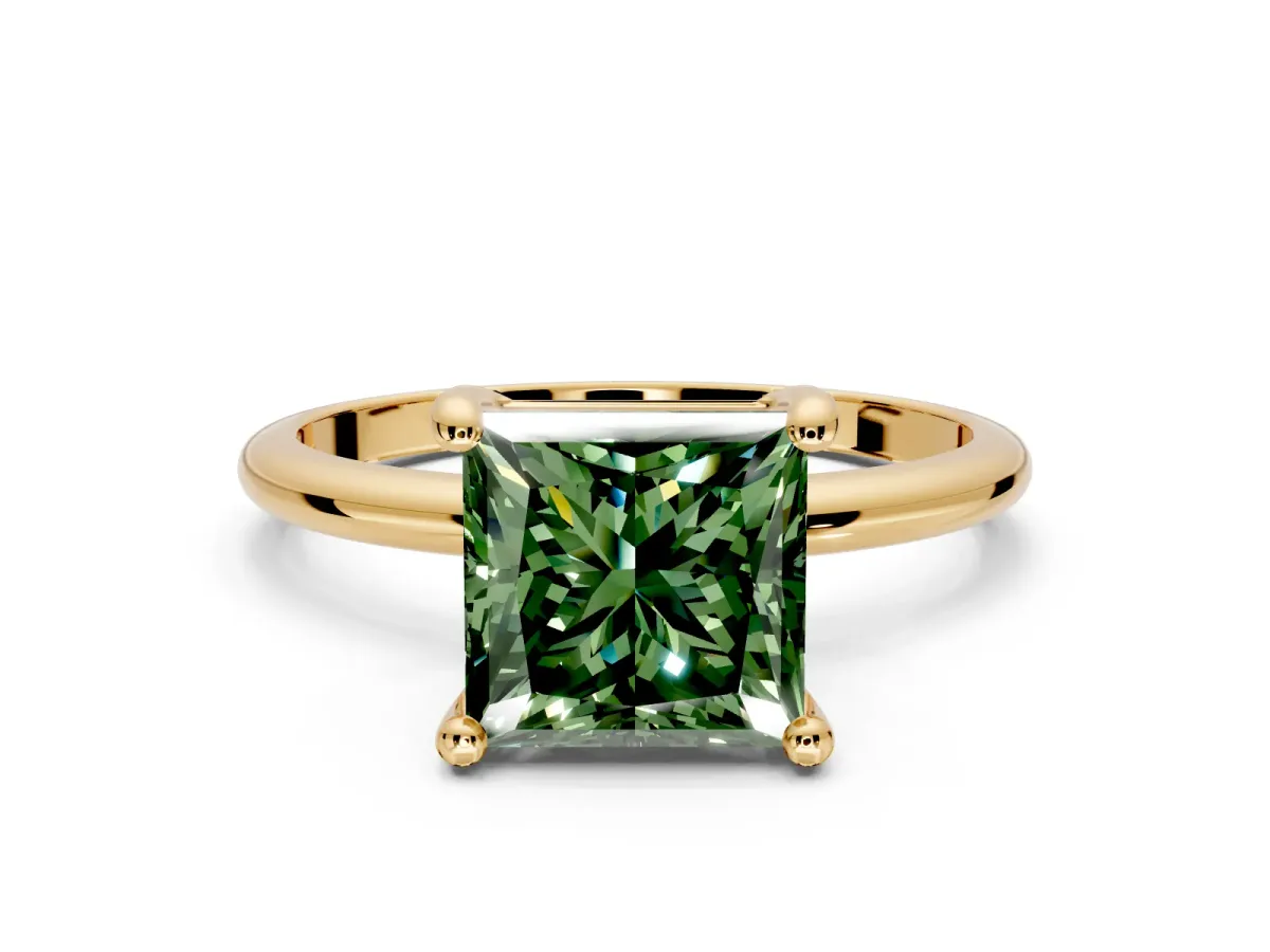 Minimalist Solitaire Engagement Ring Setting for Fancy Green Princess Cut Center with Thin Band and Prong Head in Yellow Gold