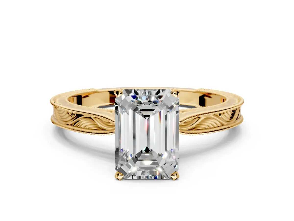 Solitaire Engagement Ring Setting for Emerald Cut Center with Engraved Milgrain Band and Prong Head in Yellow Gold