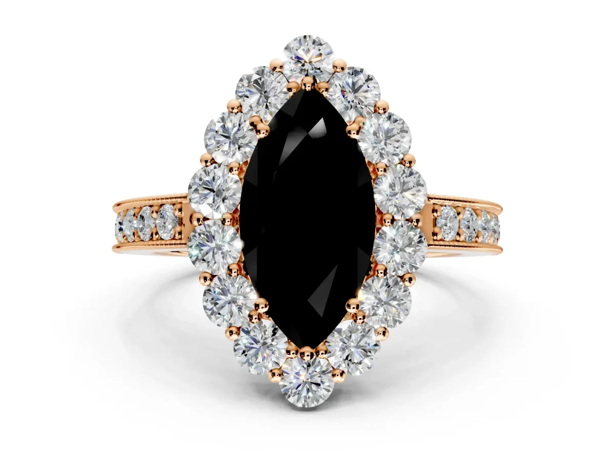 Halo Engagement Ring Setting for Fancy Black Marquise Center with Milgrain Channel Band and Prong Head in Rose Gold