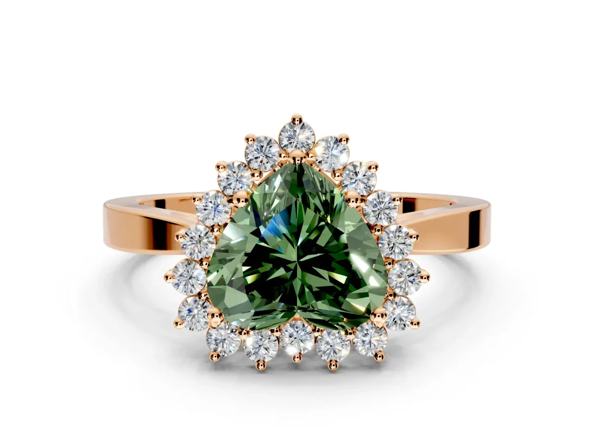Starburst Halo Engagement Ring Setting for Fancy Green Heart-Shaped Center with Flat Cathedral Band and Prong Head in Rose Gold