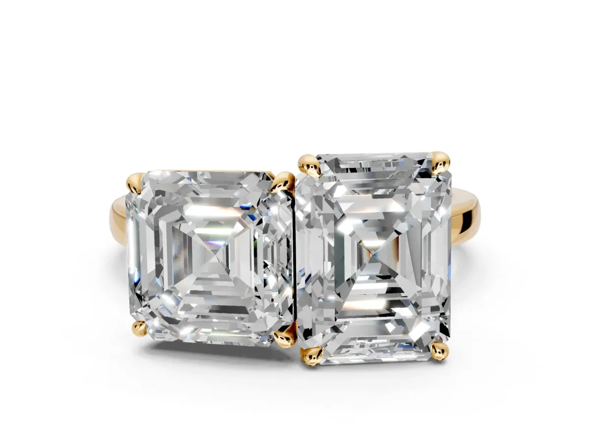 Asscher Cut and Emerald Cut Lab-Grown Diamond Toi et Moi Engagement Ring with Prong-Set Stones in Yellow Gold