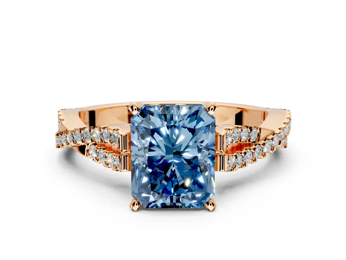 Solitaire Engagement Ring Setting for Fancy Blue Radiant Cut Center with Twisted Pave Split Shank and Prong Head in Rose Gold