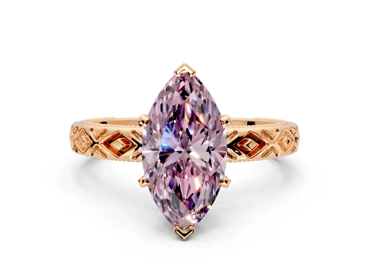 Solitaire Engagement Ring Setting for Fancy Pink Marquise Center with Milgrain X Pattern Band and Prong Head in Rose Gold