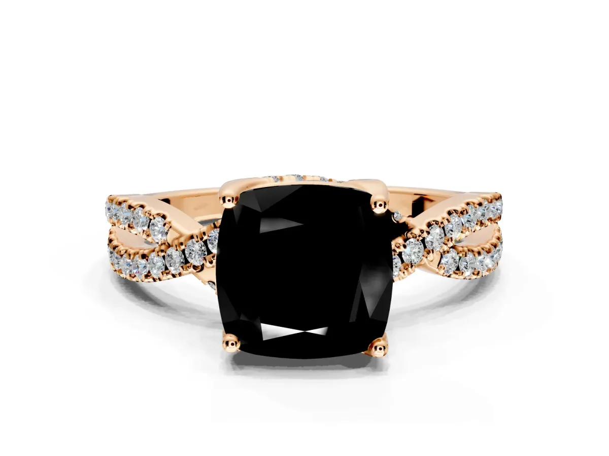Solitaire Engagement Ring Setting for Fancy Black Cushion Cut Center with Narrow Twist Pave Band and Prong Head in Rose Gold