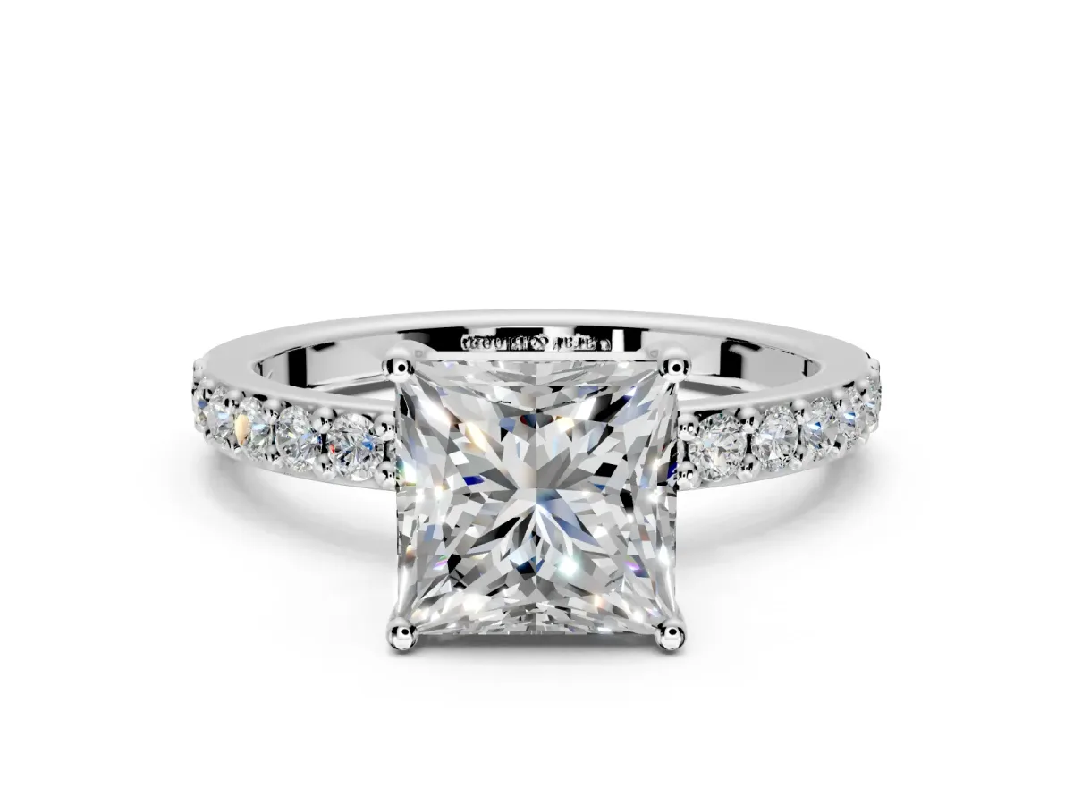 Solitaire Engagement Ring Setting for Princess Cut Center with Round Cut Pave Band and Prong Head in Sterling Silver