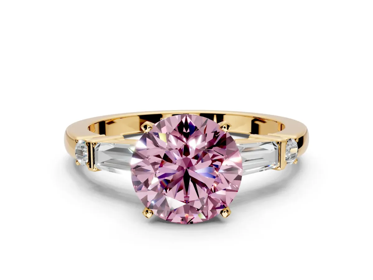 Bar-Set Engagement Ring Setting for Fancy Pink Round Cut Center with Tapered Baguette Accents and Prong Head in Yellow Gold